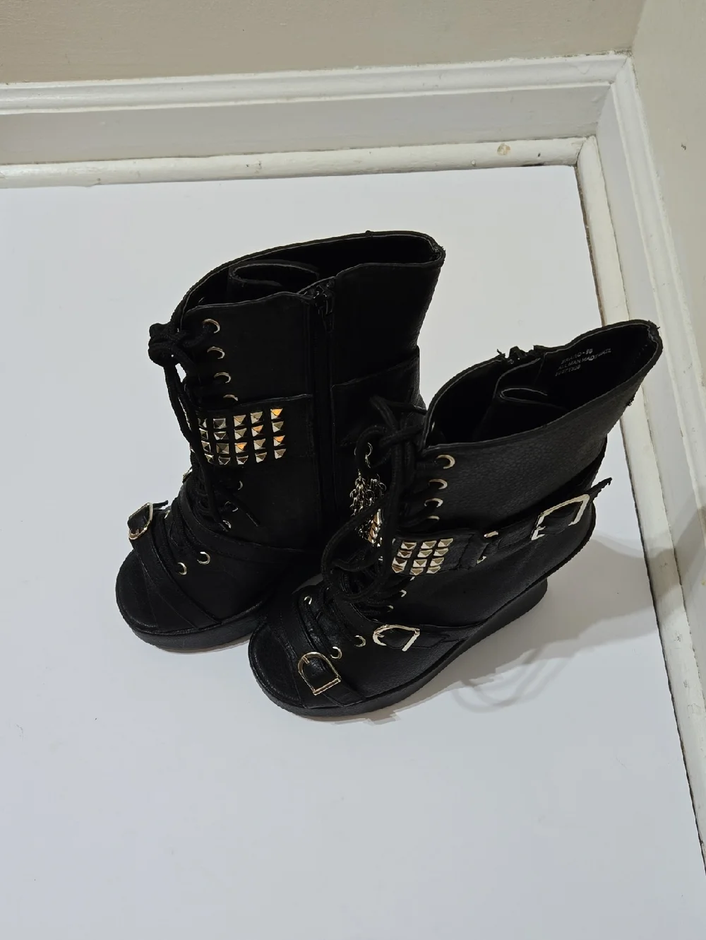 Demonia Black Peep-Toe Lace-Up Punk Wedge Boots with Chains & Studs
